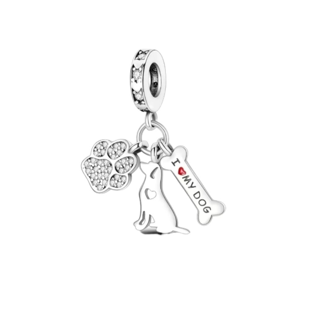 Silver toned dog paw bone triple-dangle charm with rhinestone embellishments